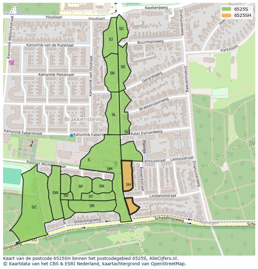 Afbeelding van het postcodegebied 6525 SH op de kaart.