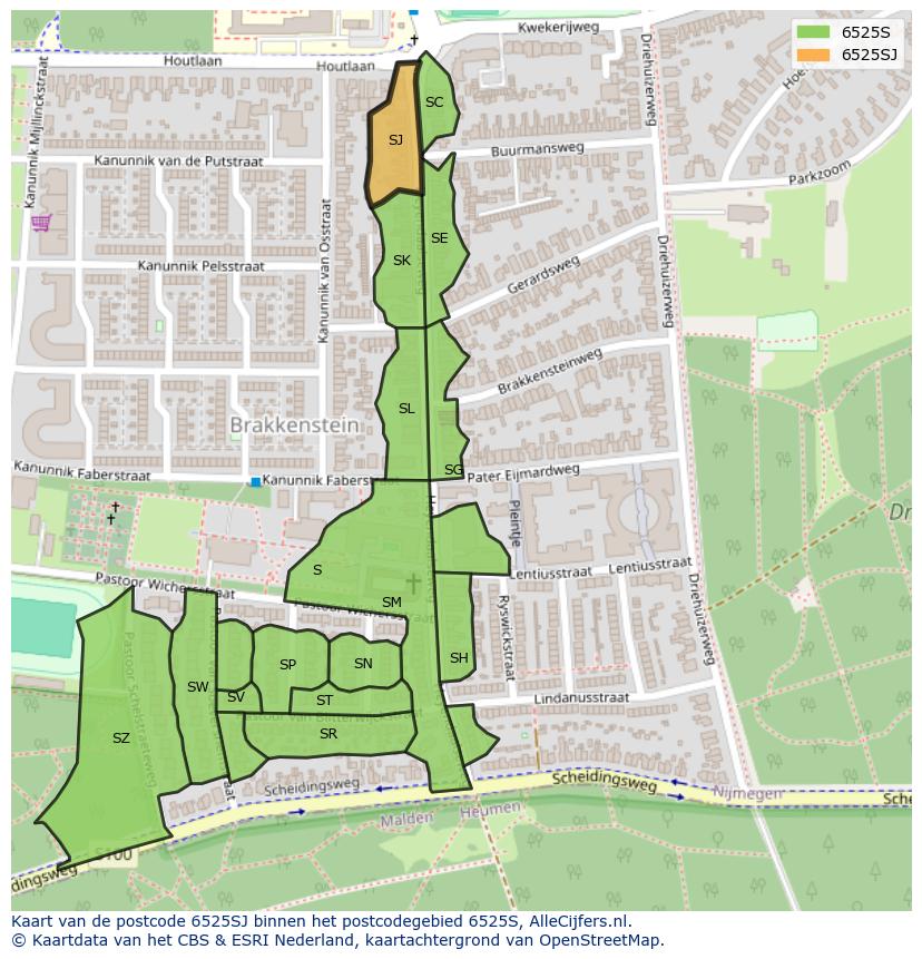 Afbeelding van het postcodegebied 6525 SJ op de kaart.