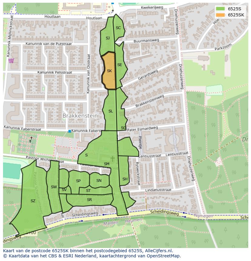 Afbeelding van het postcodegebied 6525 SK op de kaart.