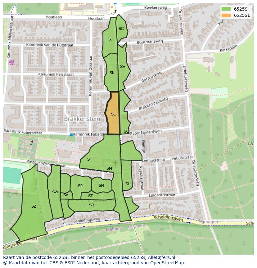 Afbeelding van het postcodegebied 6525 SL op de kaart.
