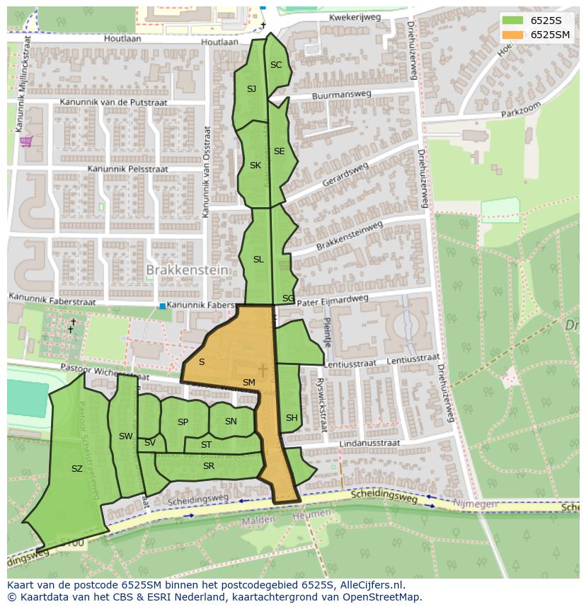 Afbeelding van het postcodegebied 6525 SM op de kaart.