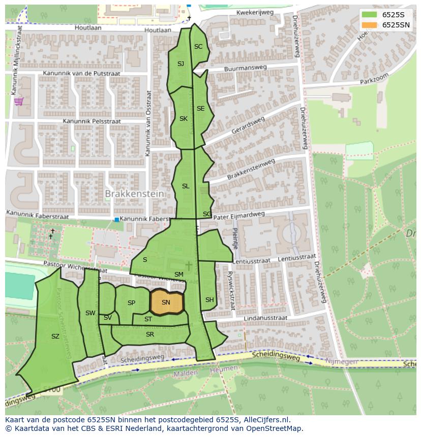 Afbeelding van het postcodegebied 6525 SN op de kaart.