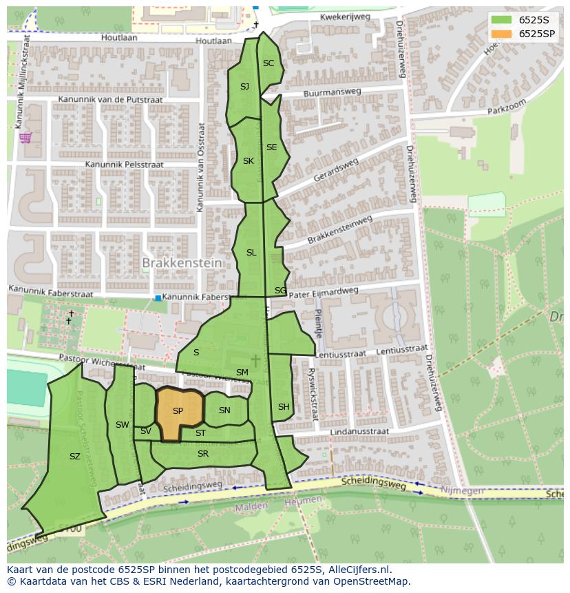 Afbeelding van het postcodegebied 6525 SP op de kaart.