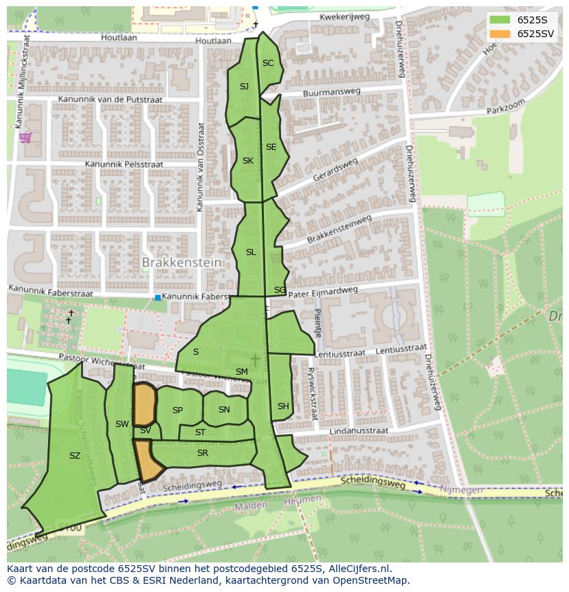 Afbeelding van het postcodegebied 6525 SV op de kaart.