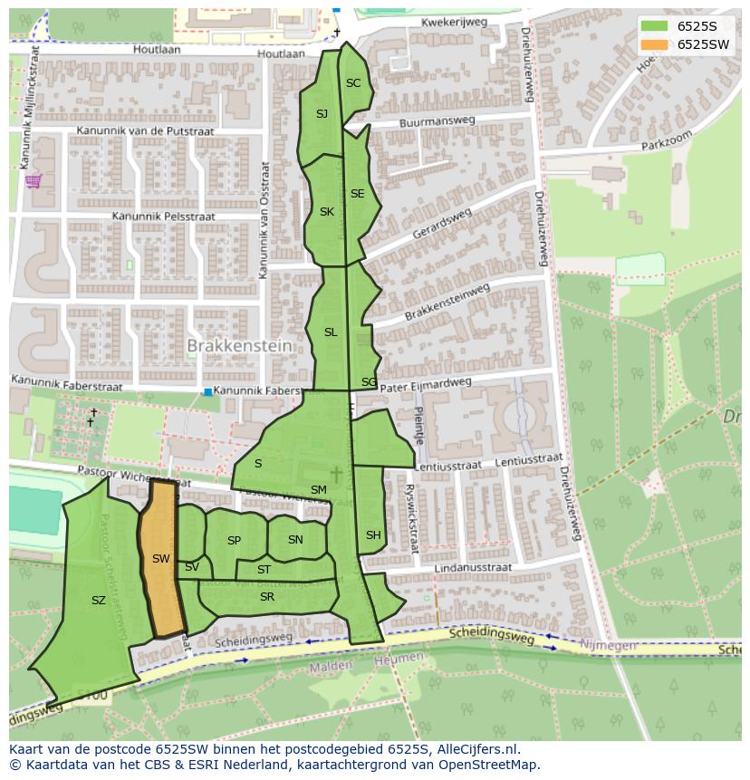 Afbeelding van het postcodegebied 6525 SW op de kaart.