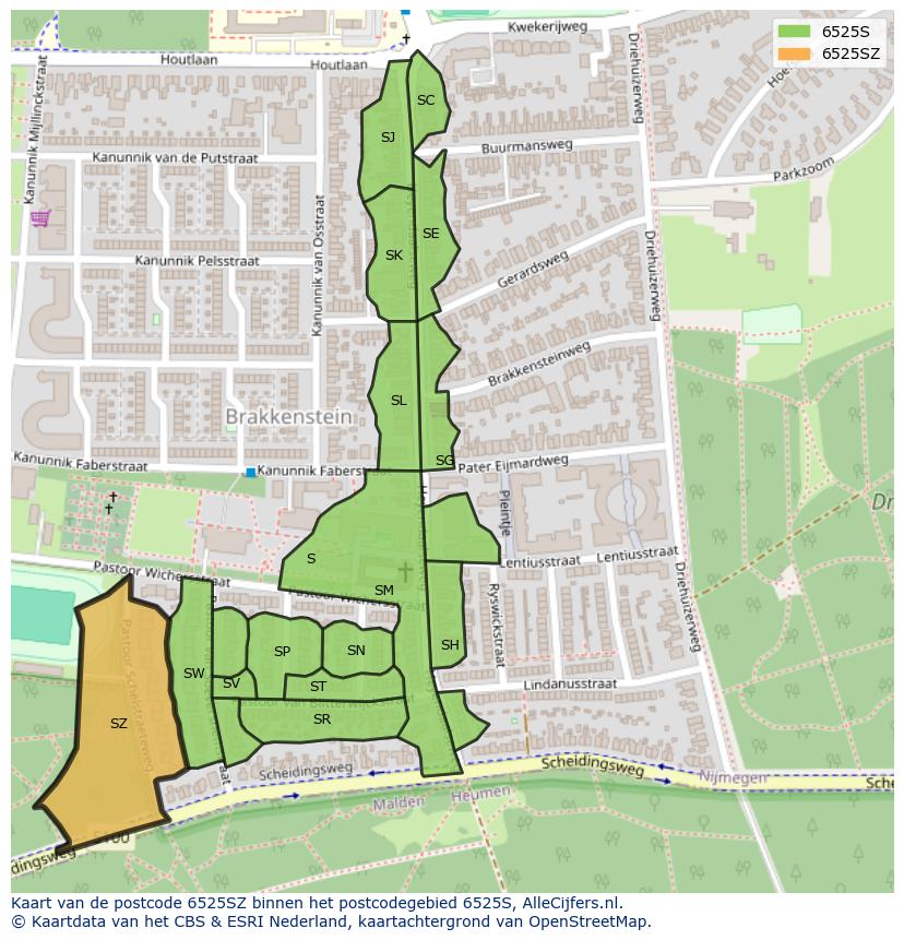Afbeelding van het postcodegebied 6525 SZ op de kaart.