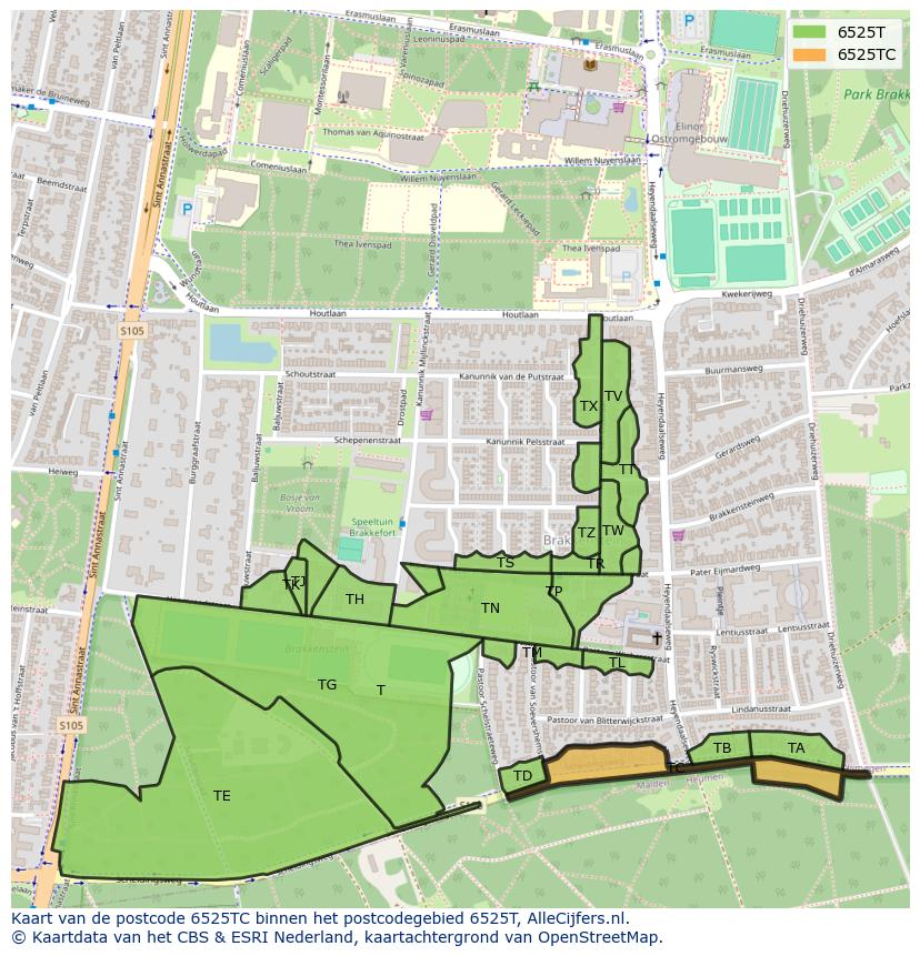 Afbeelding van het postcodegebied 6525 TC op de kaart.