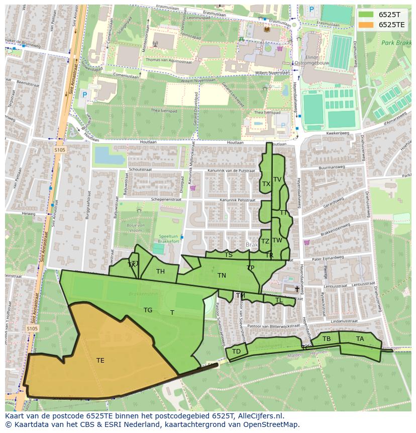 Afbeelding van het postcodegebied 6525 TE op de kaart.