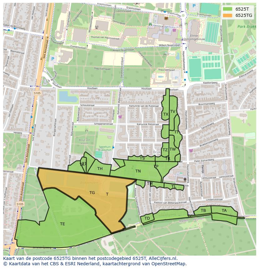 Afbeelding van het postcodegebied 6525 TG op de kaart.