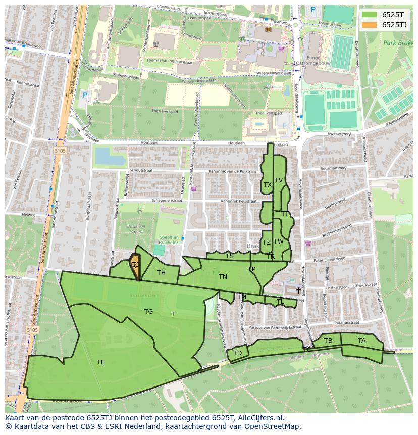 Afbeelding van het postcodegebied 6525 TJ op de kaart.