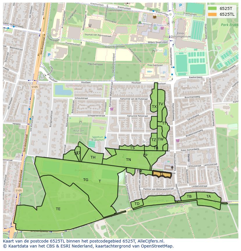 Afbeelding van het postcodegebied 6525 TL op de kaart.