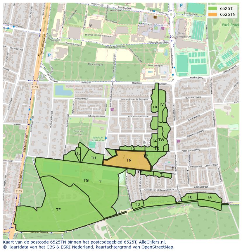 Afbeelding van het postcodegebied 6525 TN op de kaart.