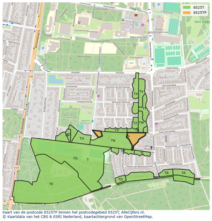 Afbeelding van het postcodegebied 6525 TP op de kaart.