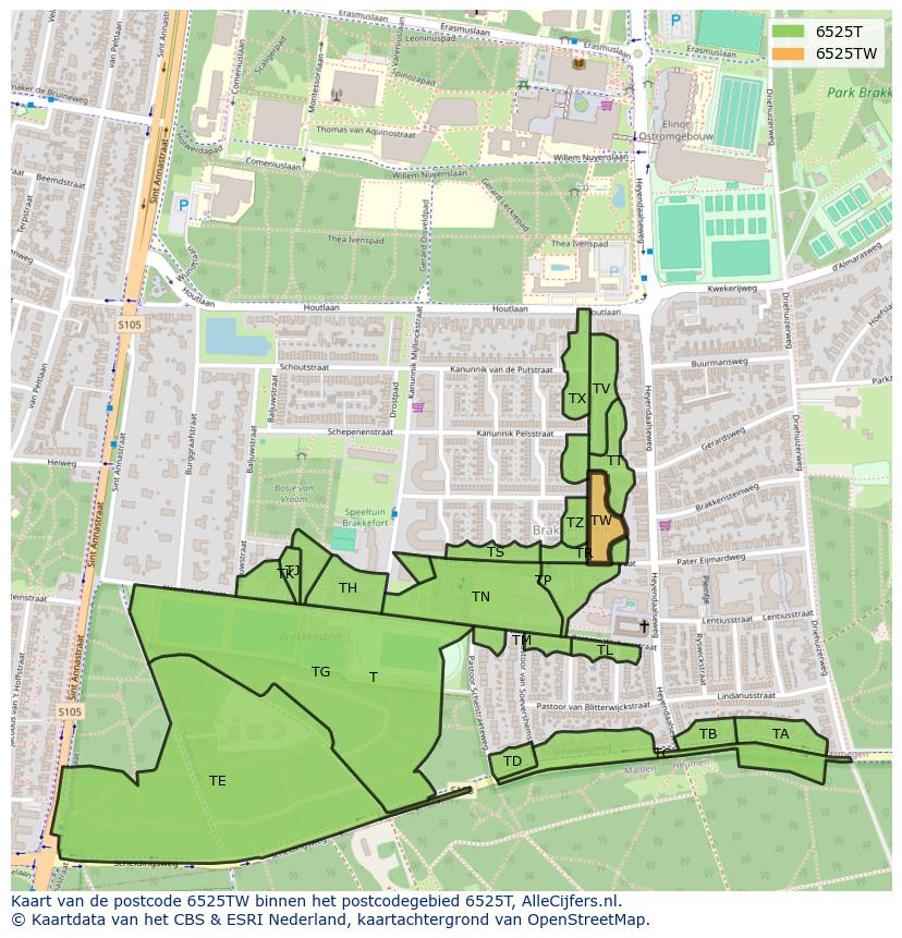 Afbeelding van het postcodegebied 6525 TW op de kaart.