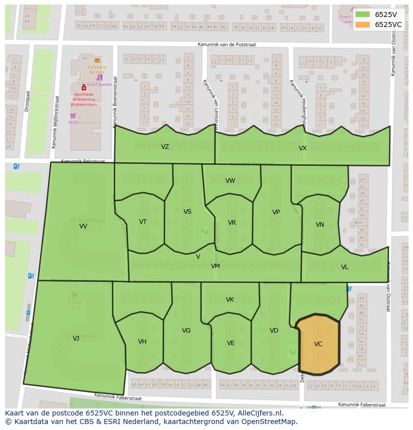 Afbeelding van het postcodegebied 6525 VC op de kaart.