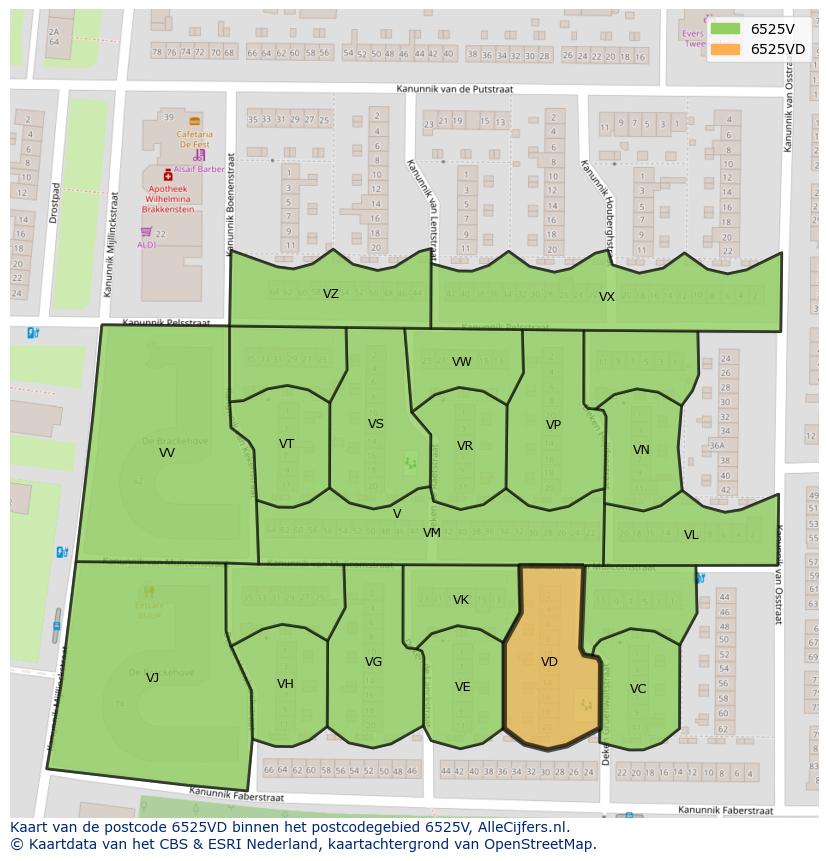 Afbeelding van het postcodegebied 6525 VD op de kaart.