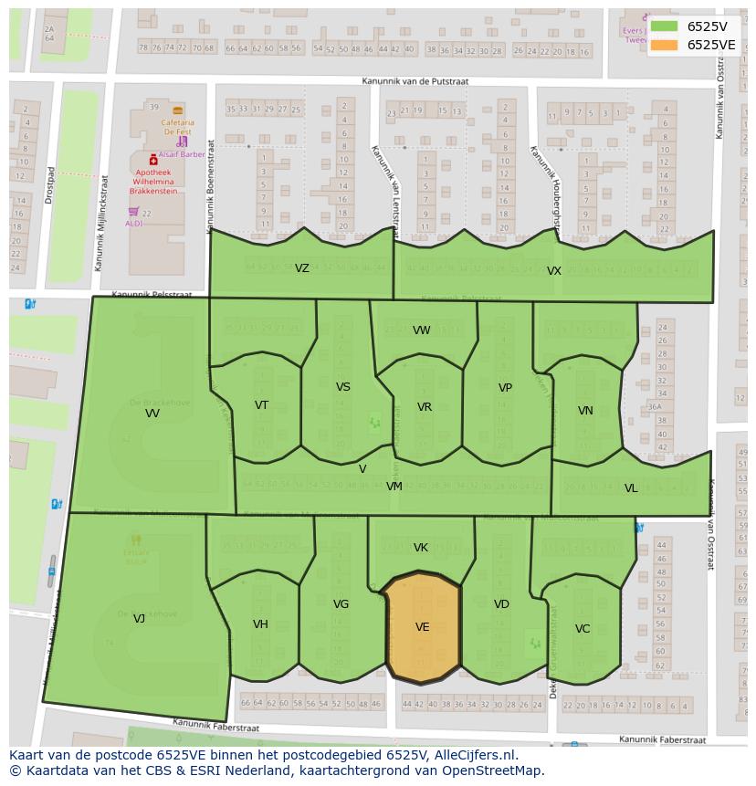 Afbeelding van het postcodegebied 6525 VE op de kaart.
