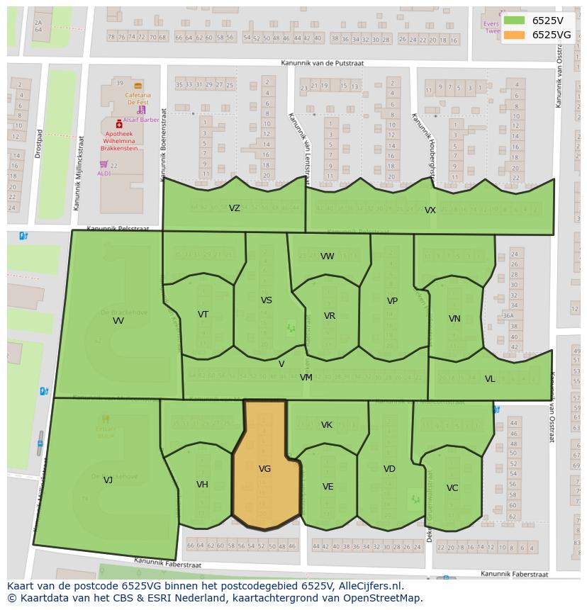 Afbeelding van het postcodegebied 6525 VG op de kaart.
