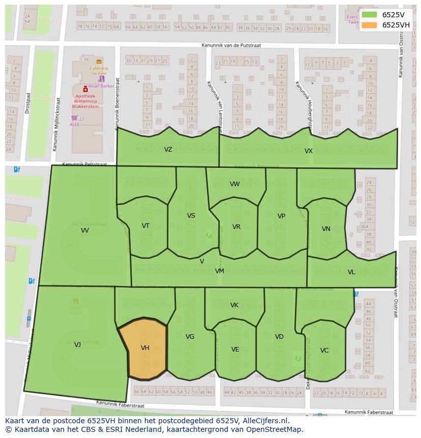 Afbeelding van het postcodegebied 6525 VH op de kaart.