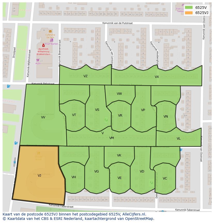 Afbeelding van het postcodegebied 6525 VJ op de kaart.