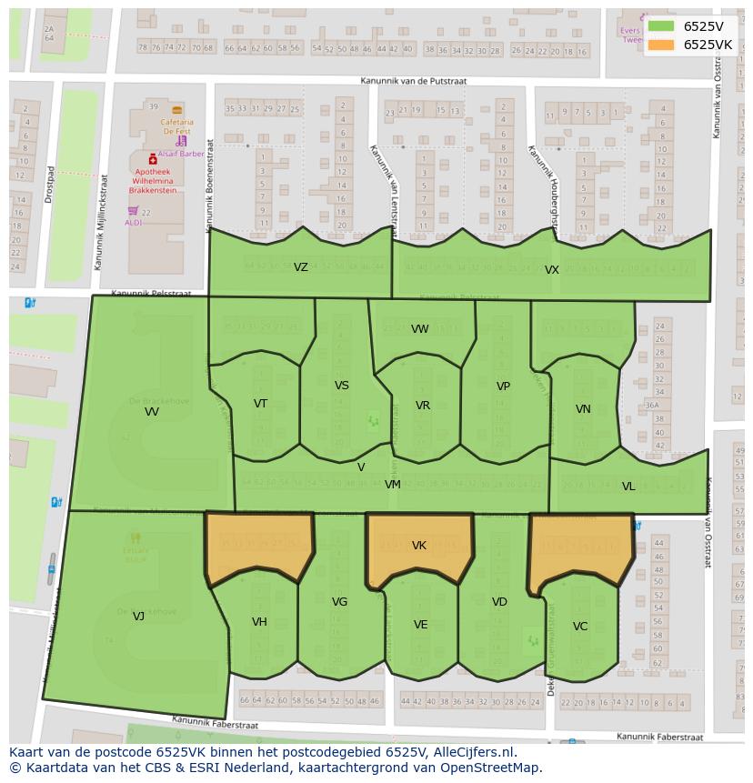 Afbeelding van het postcodegebied 6525 VK op de kaart.