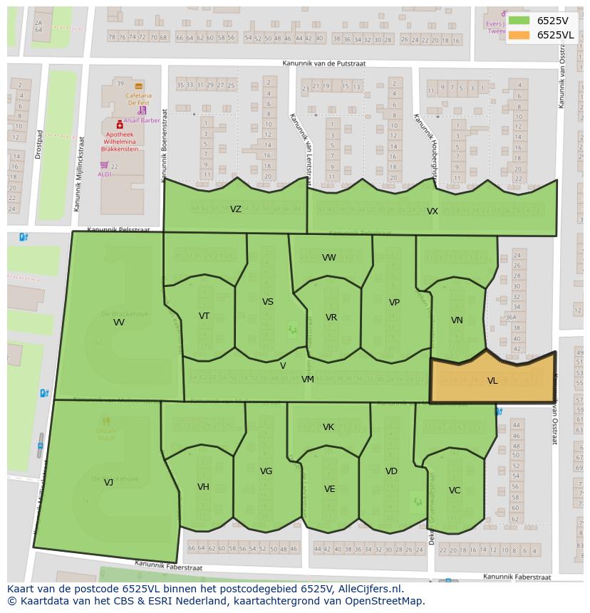 Afbeelding van het postcodegebied 6525 VL op de kaart.