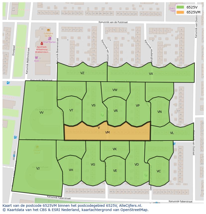 Afbeelding van het postcodegebied 6525 VM op de kaart.