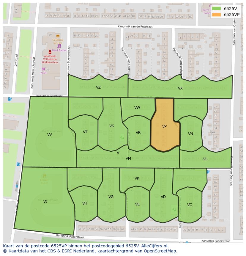 Afbeelding van het postcodegebied 6525 VP op de kaart.