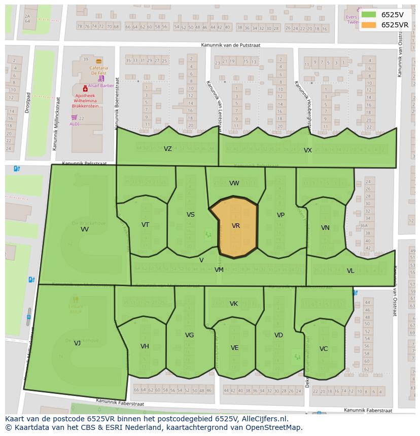 Afbeelding van het postcodegebied 6525 VR op de kaart.