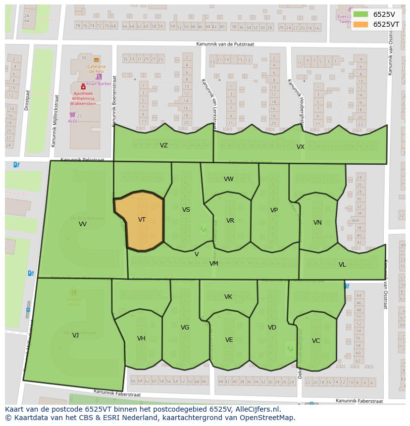 Afbeelding van het postcodegebied 6525 VT op de kaart.