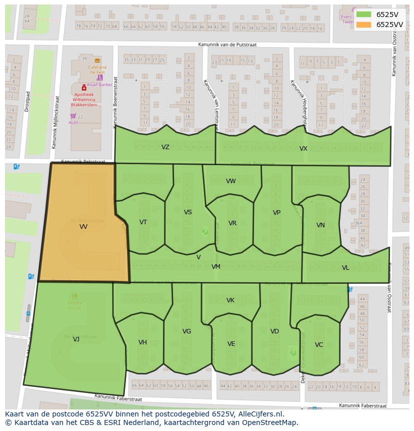 Afbeelding van het postcodegebied 6525 VV op de kaart.