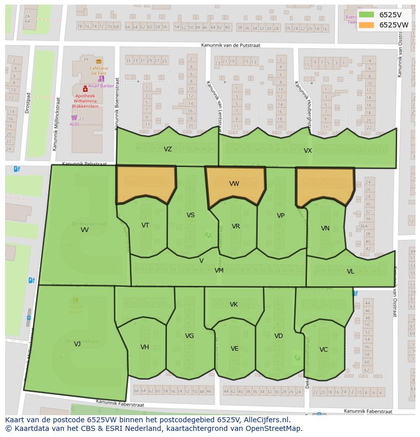 Afbeelding van het postcodegebied 6525 VW op de kaart.