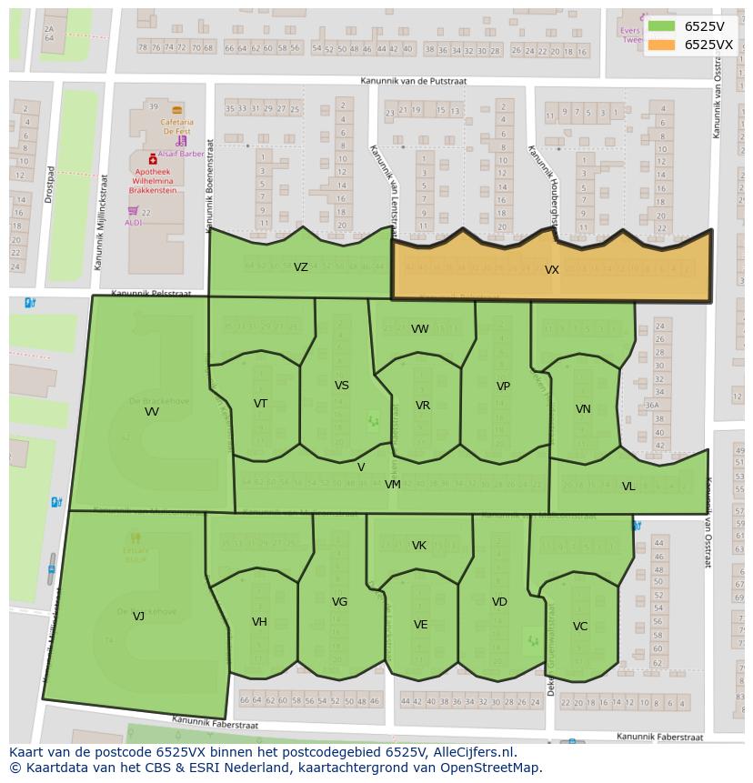 Afbeelding van het postcodegebied 6525 VX op de kaart.