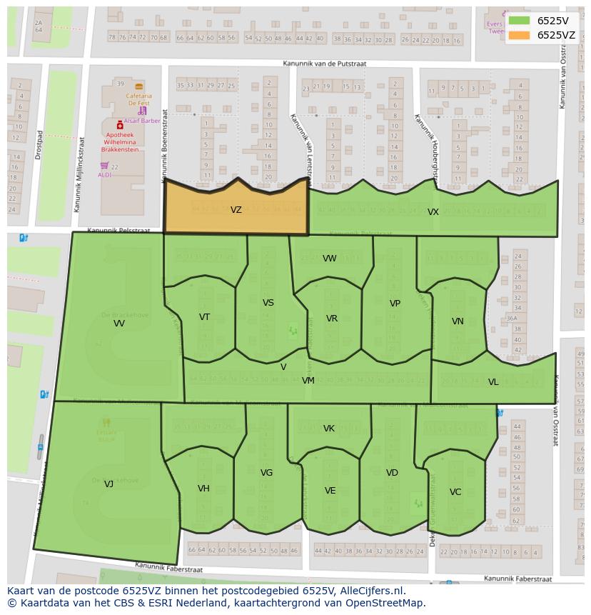 Afbeelding van het postcodegebied 6525 VZ op de kaart.
