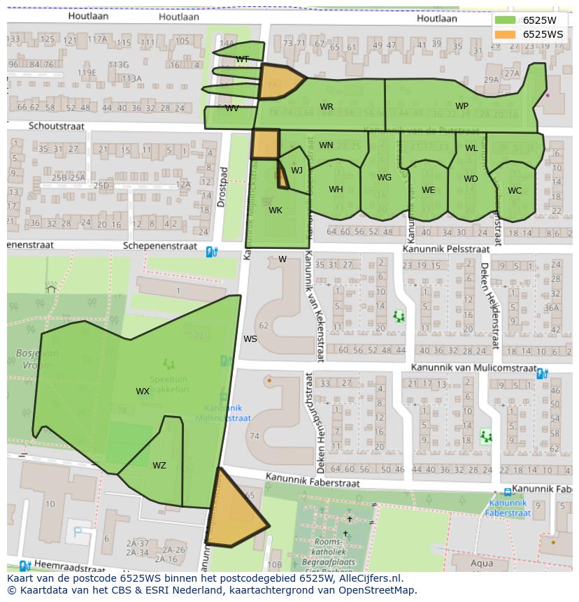 Afbeelding van het postcodegebied 6525 WS op de kaart.