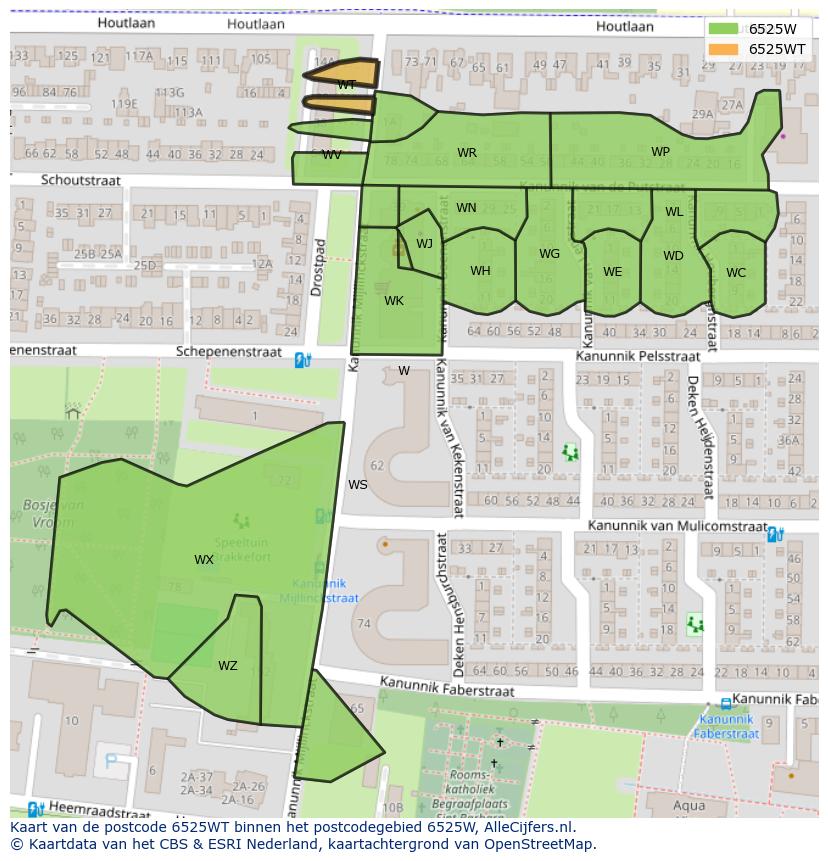 Afbeelding van het postcodegebied 6525 WT op de kaart.