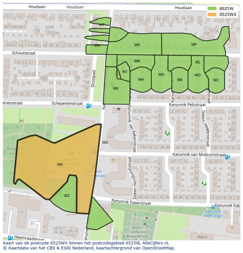 Afbeelding van het postcodegebied 6525 WX op de kaart.