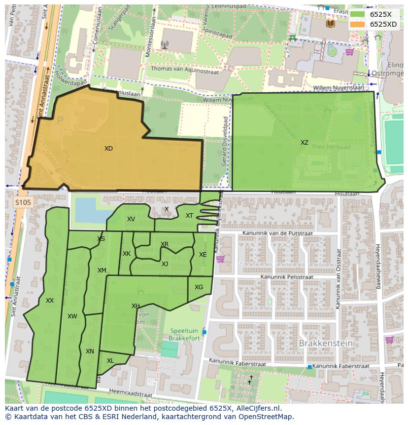Afbeelding van het postcodegebied 6525 XD op de kaart.