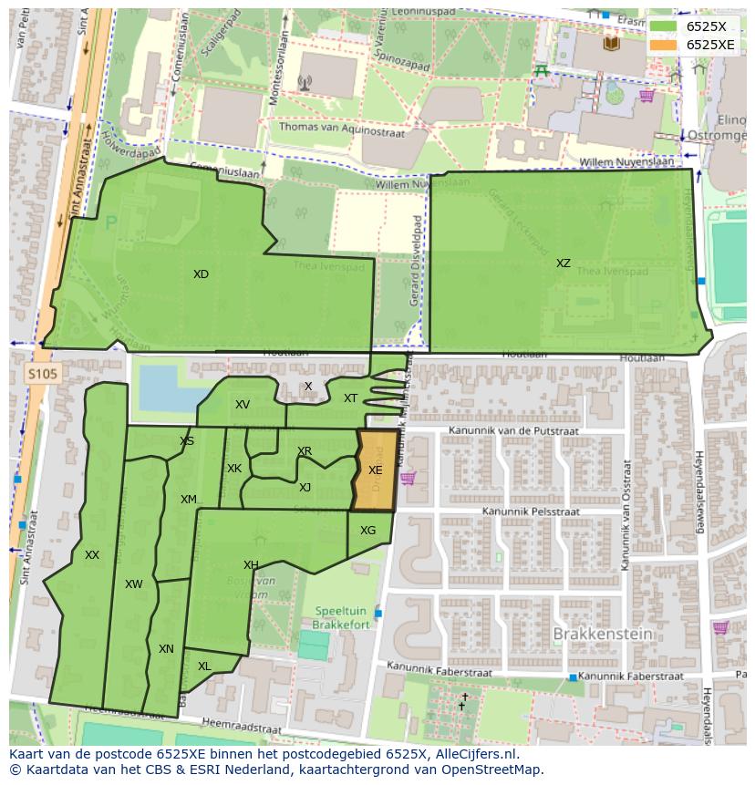 Afbeelding van het postcodegebied 6525 XE op de kaart.