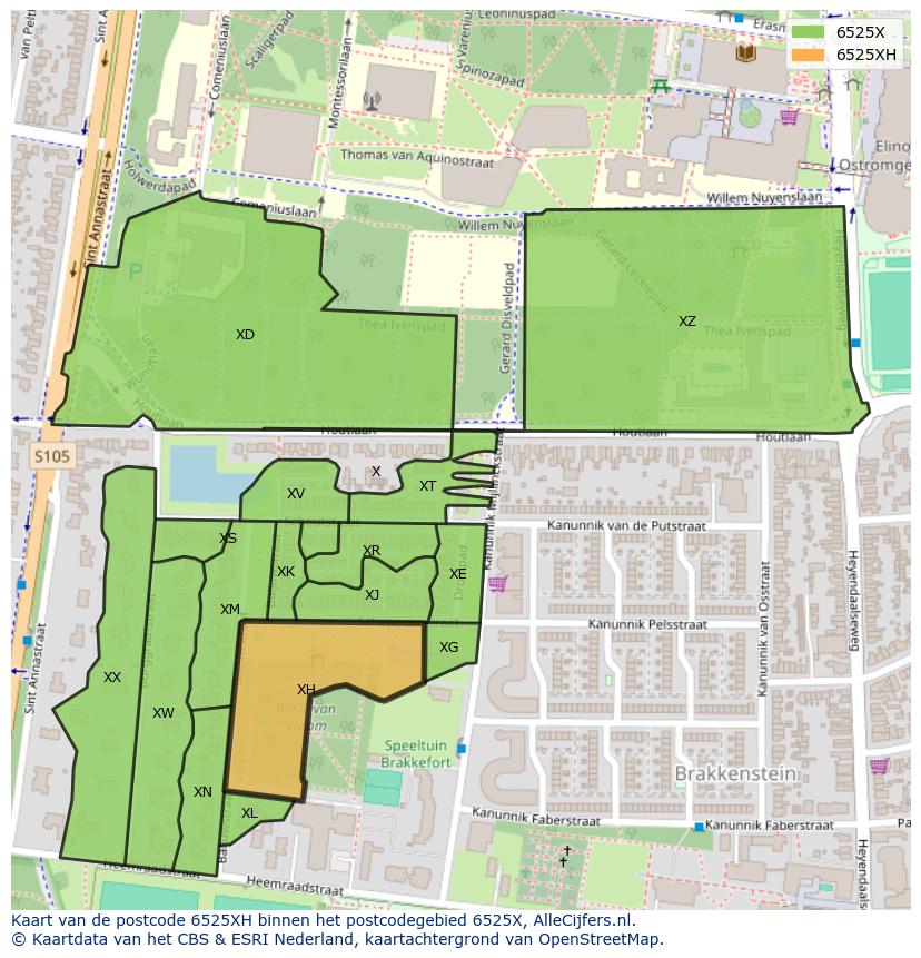 Afbeelding van het postcodegebied 6525 XH op de kaart.