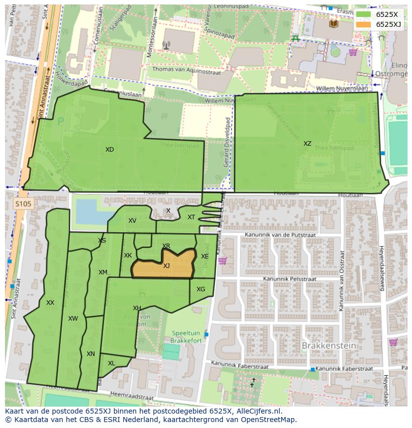 Afbeelding van het postcodegebied 6525 XJ op de kaart.