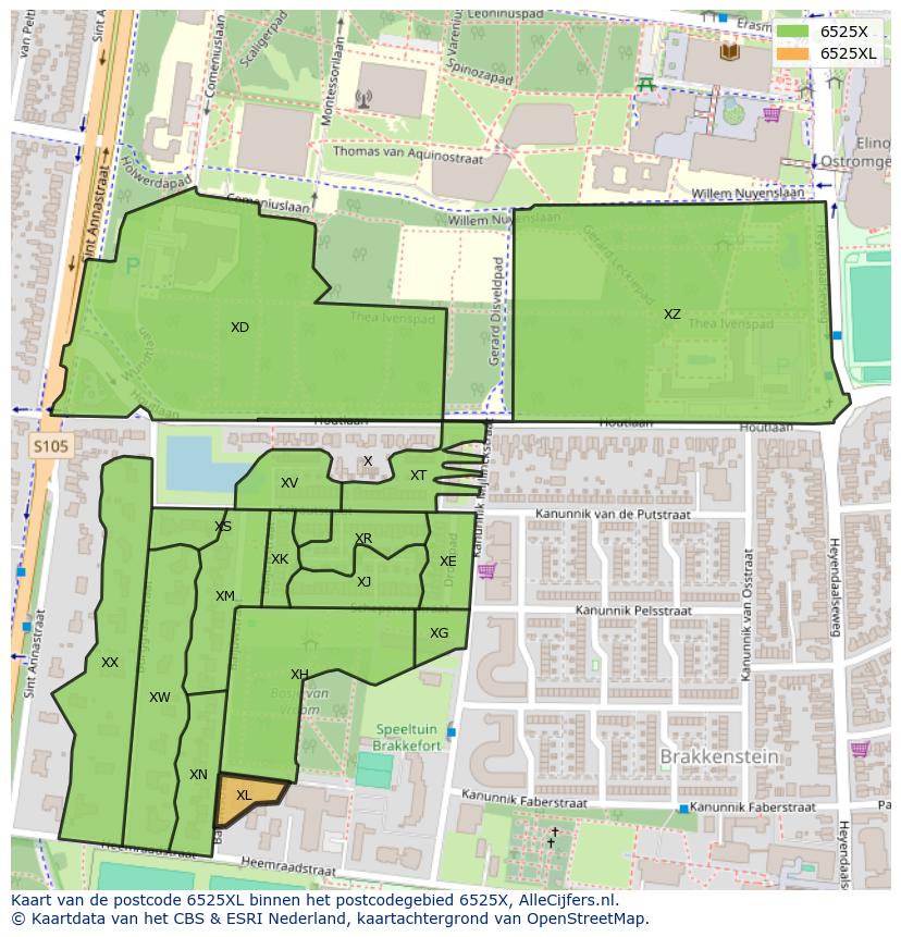 Afbeelding van het postcodegebied 6525 XL op de kaart.