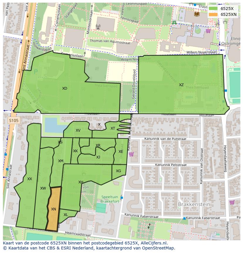 Afbeelding van het postcodegebied 6525 XN op de kaart.