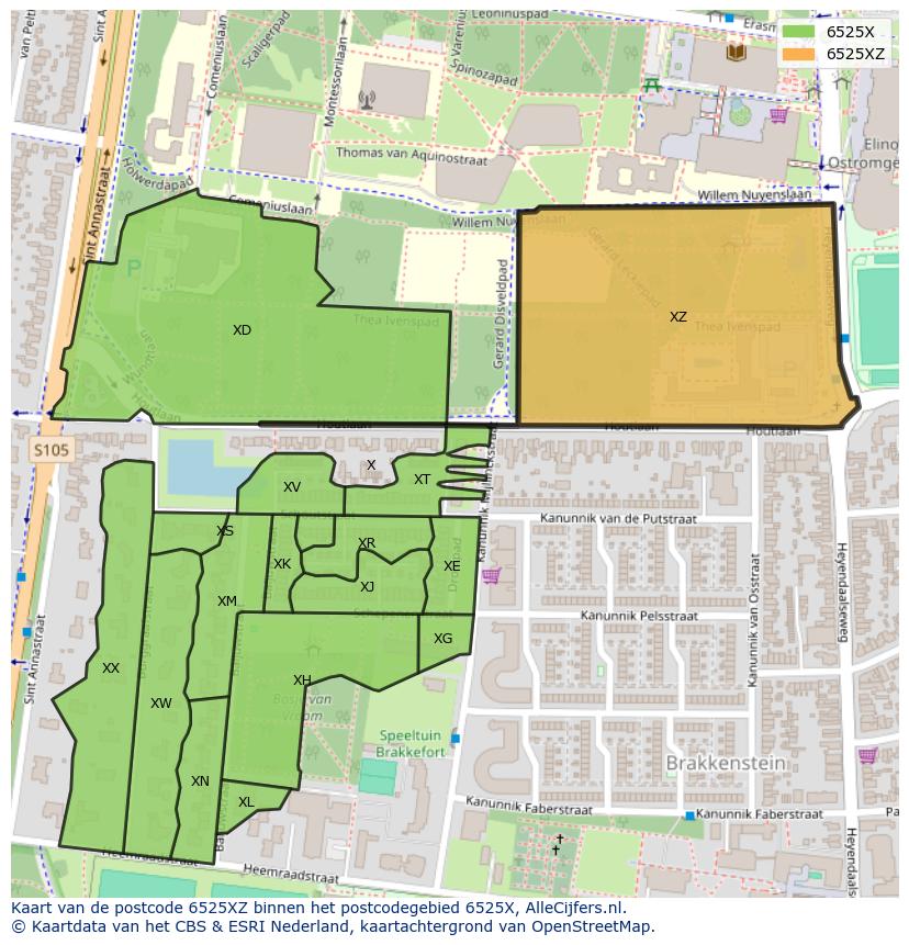 Afbeelding van het postcodegebied 6525 XZ op de kaart.