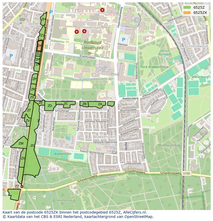 Afbeelding van het postcodegebied 6525 ZK op de kaart.