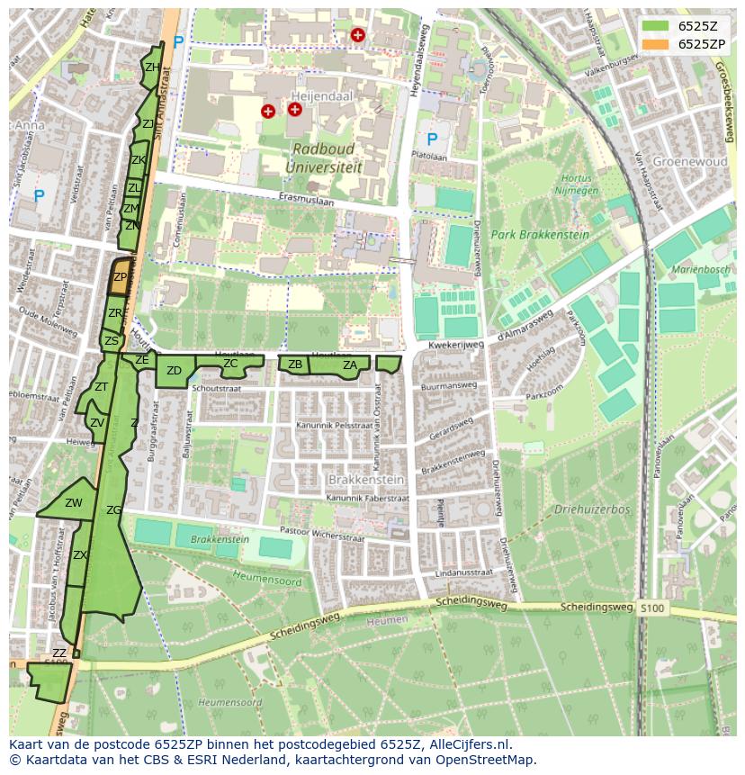 Afbeelding van het postcodegebied 6525 ZP op de kaart.