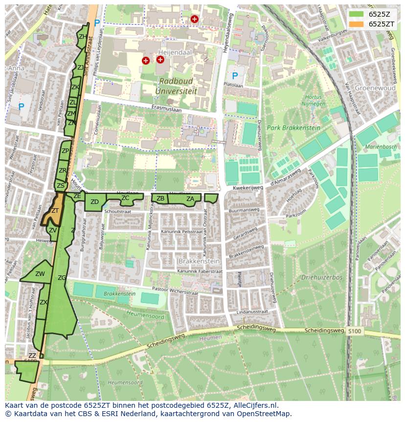 Afbeelding van het postcodegebied 6525 ZT op de kaart.