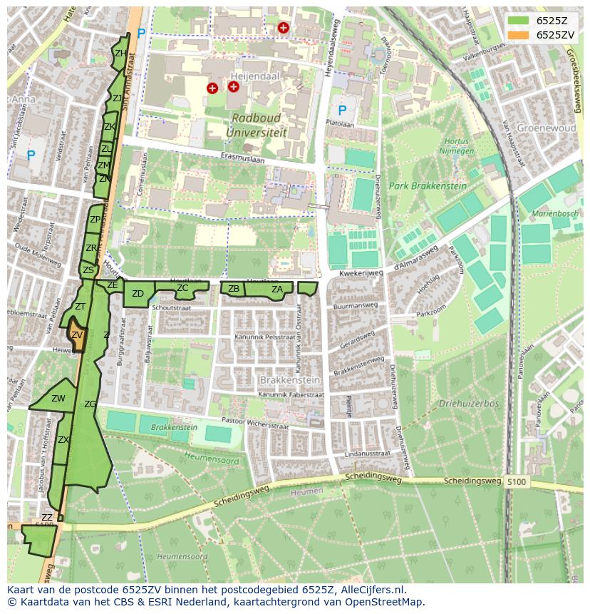 Afbeelding van het postcodegebied 6525 ZV op de kaart.