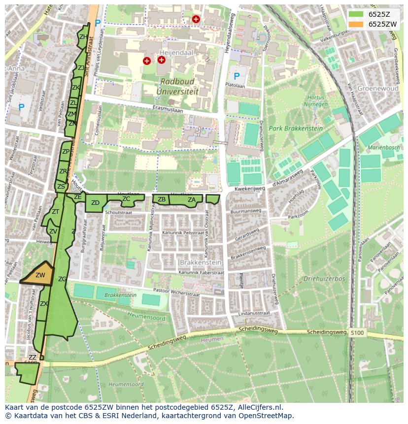 Afbeelding van het postcodegebied 6525 ZW op de kaart.