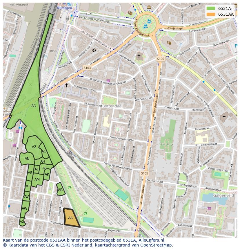 Afbeelding van het postcodegebied 6531 AA op de kaart.